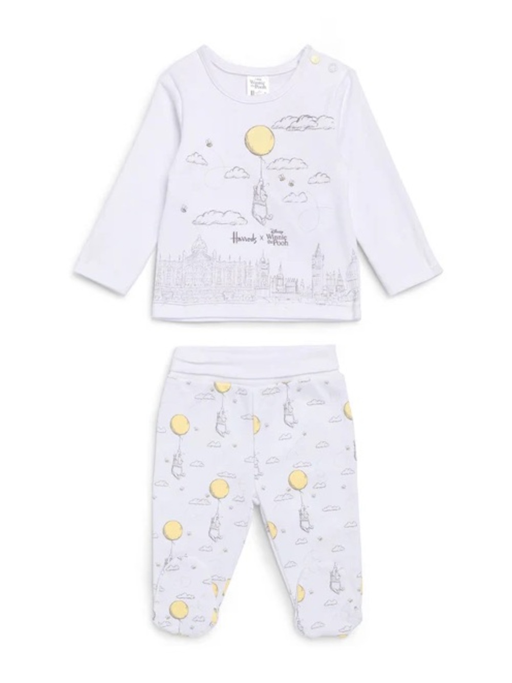 Harrods x Winnie The Pooh White Baby Two-Piece Set Yellow Balloon 0-3 Like New